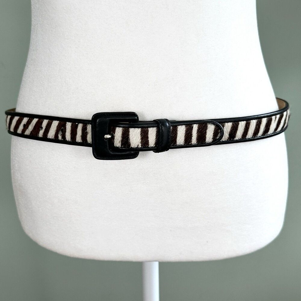 Talbots Leather Calf Hair Belt Womens Medium Black White Italy Made 1" Wide VTG
